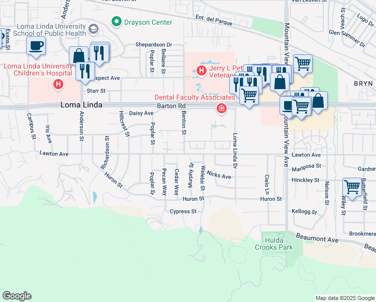 map of restaurants, bars, coffee shops, grocery stores, and more near 11491 Benton Street in Loma Linda