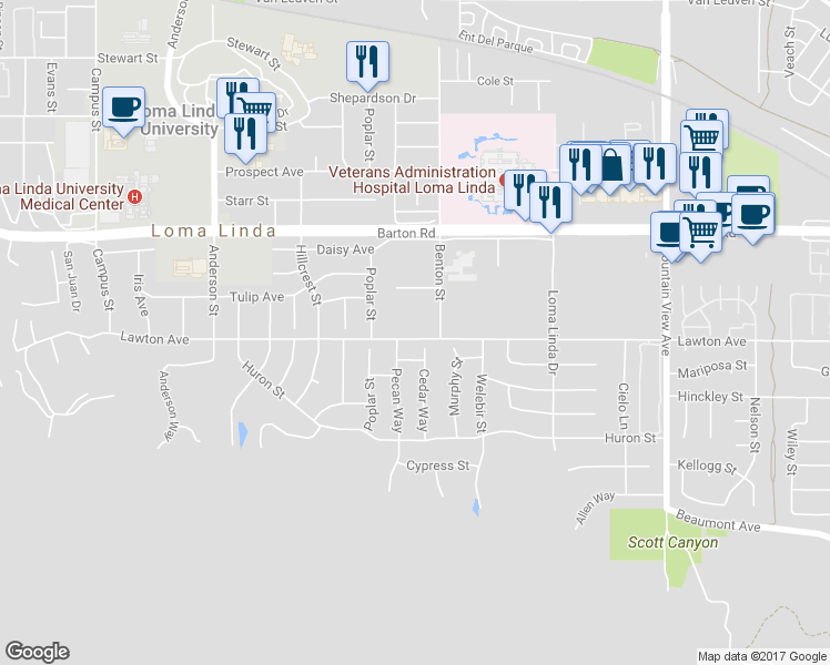 map of restaurants, bars, coffee shops, grocery stores, and more near 25236 Lawton Avenue in Loma Linda