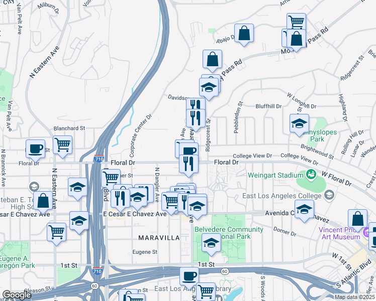 map of restaurants, bars, coffee shops, grocery stores, and more near 5 Kern Avenue in Monterey Park