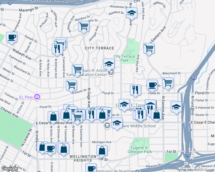 map of restaurants, bars, coffee shops, grocery stores, and more near 731 North Record Drive in Los Angeles
