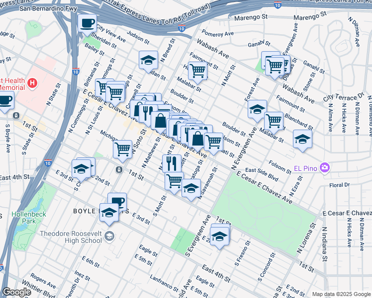map of restaurants, bars, coffee shops, grocery stores, and more near 2623 East Cesar E Chavez Avenue in Los Angeles