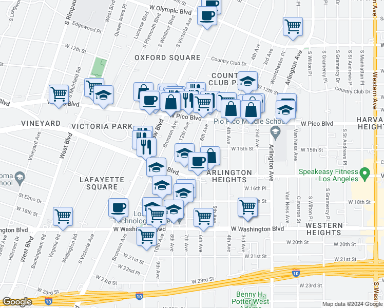 map of restaurants, bars, coffee shops, grocery stores, and more near 1436 South Norton Avenue in Los Angeles