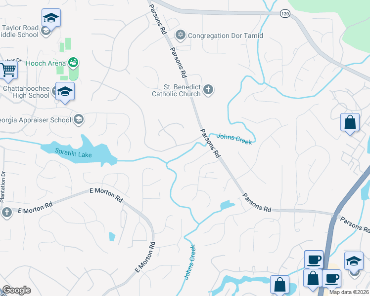 map of restaurants, bars, coffee shops, grocery stores, and more near 5575 Hampstead Way in Duluth