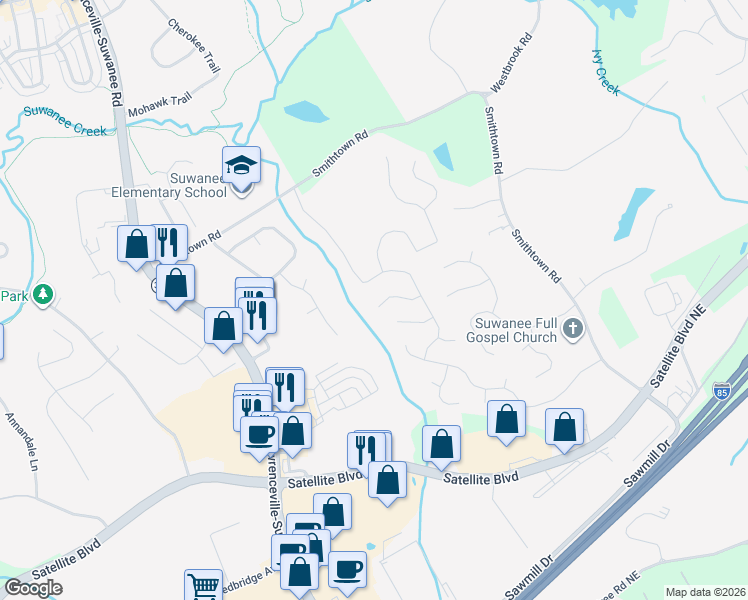 map of restaurants, bars, coffee shops, grocery stores, and more near 181 Avonlea Park Place Northeast in Suwanee