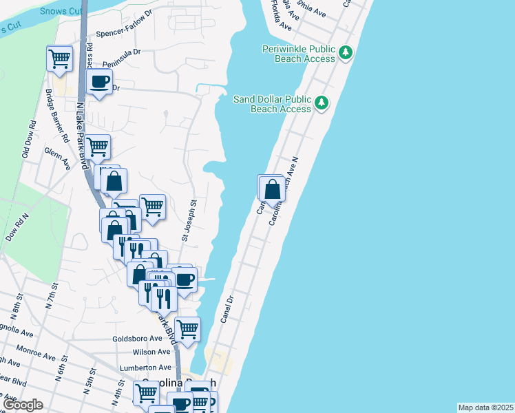 map of restaurants, bars, coffee shops, grocery stores, and more near 901 Canal Drive in Carolina Beach