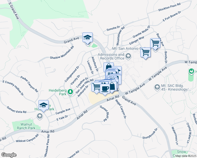 map of restaurants, bars, coffee shops, grocery stores, and more near 1379 Point Loma Place in Walnut
