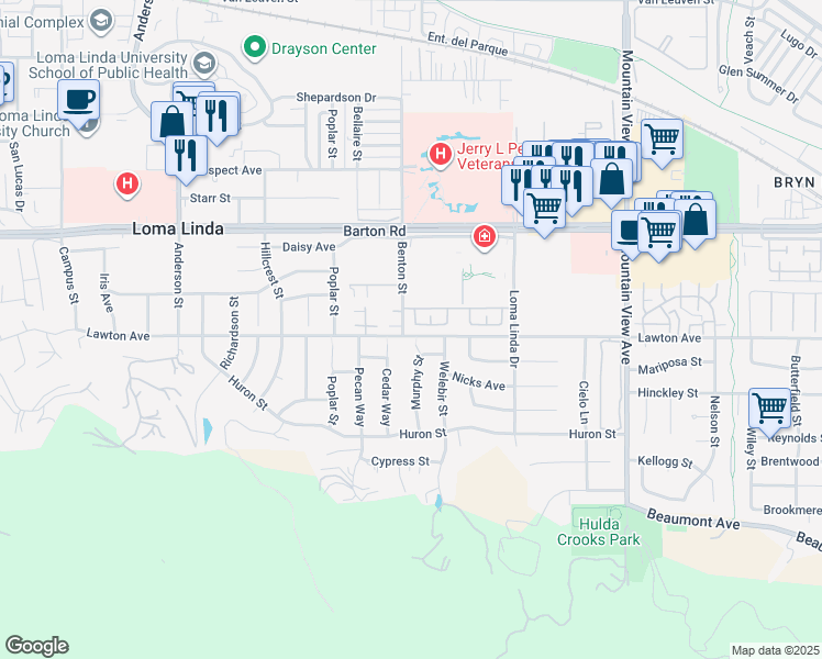 map of restaurants, bars, coffee shops, grocery stores, and more near 11491 Benton Street in Loma Linda