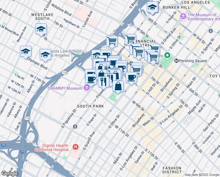 map of restaurants, bars, coffee shops, grocery stores, and more near 600 West 9th Street in Los Angeles