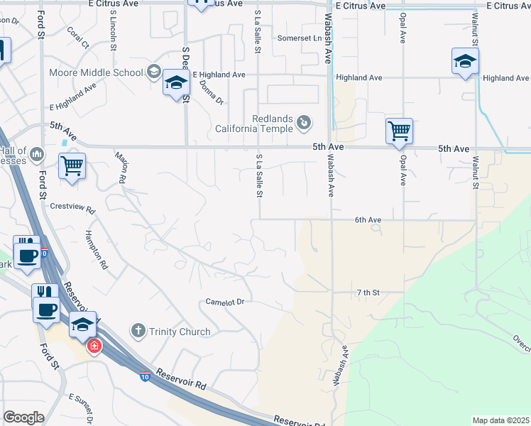 map of restaurants, bars, coffee shops, grocery stores, and more near 1709 6th Avenue in Redlands