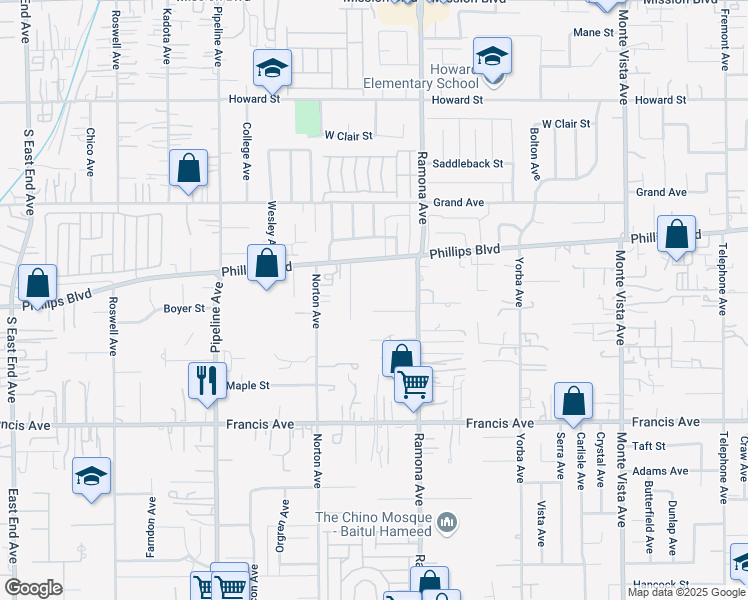 map of restaurants, bars, coffee shops, grocery stores, and more near 11425 San Felipe Avenue in Chino