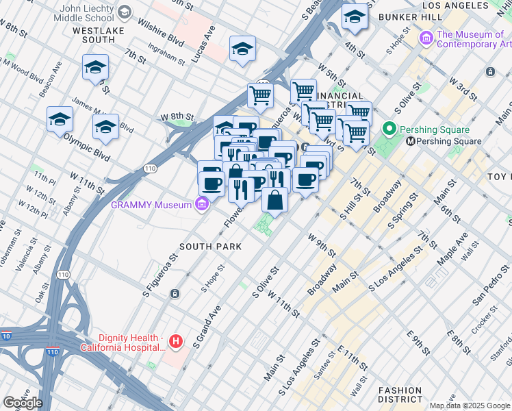 map of restaurants, bars, coffee shops, grocery stores, and more near 600 West 9th Street in Los Angeles