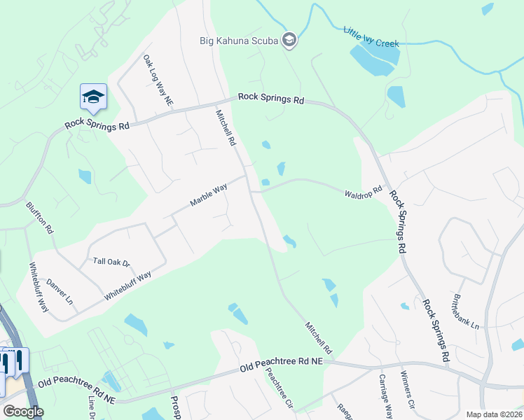 map of restaurants, bars, coffee shops, grocery stores, and more near 2430 Mitchell Road in Lawrenceville