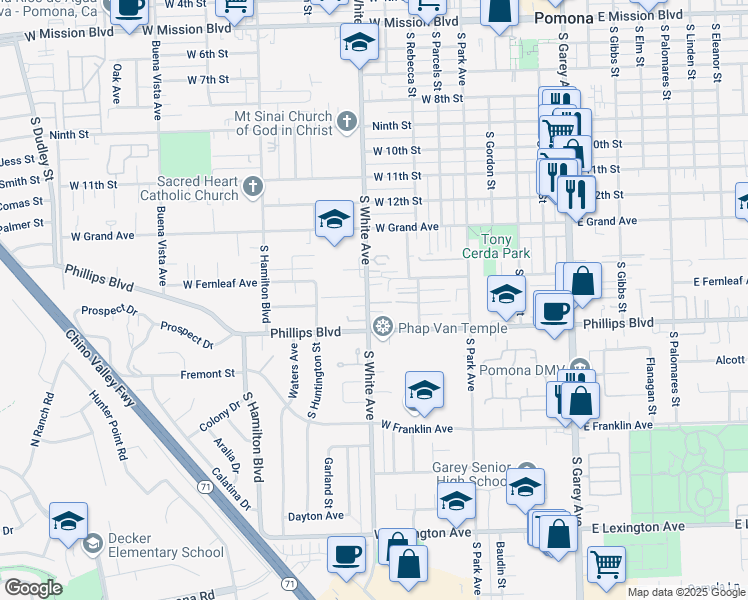 map of restaurants, bars, coffee shops, grocery stores, and more near 1452 South White Avenue in Pomona