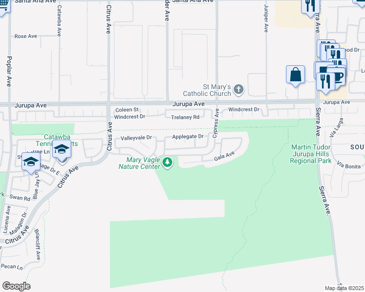 map of restaurants, bars, coffee shops, grocery stores, and more near 16405 Applegate Drive in Fontana