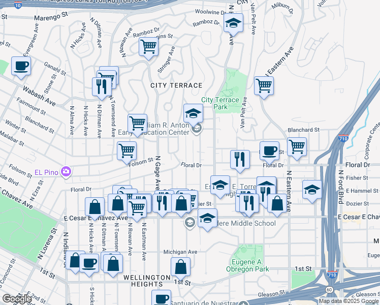 map of restaurants, bars, coffee shops, grocery stores, and more near 731 North Record Drive in Los Angeles