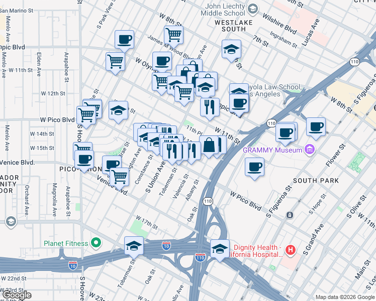 map of restaurants, bars, coffee shops, grocery stores, and more near 1522 West 12th Street in Los Angeles