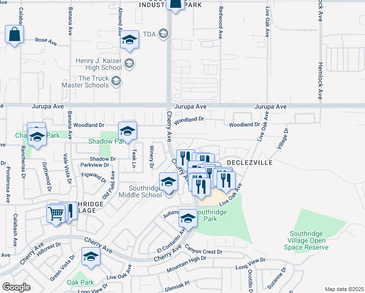 map of restaurants, bars, coffee shops, grocery stores, and more near 14549 Southwood Drive in Fontana
