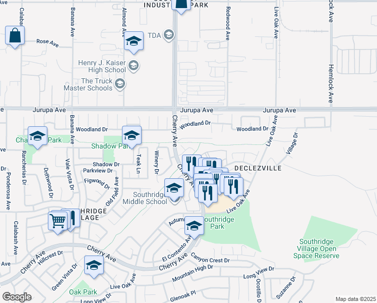 map of restaurants, bars, coffee shops, grocery stores, and more near 14549 Southwood Drive in Fontana