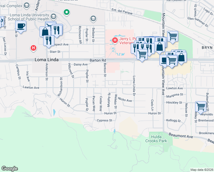 map of restaurants, bars, coffee shops, grocery stores, and more near 11461 Benton Street in Loma Linda