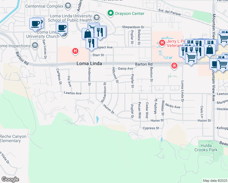 map of restaurants, bars, coffee shops, grocery stores, and more near 11461 Acacia Street in Loma Linda