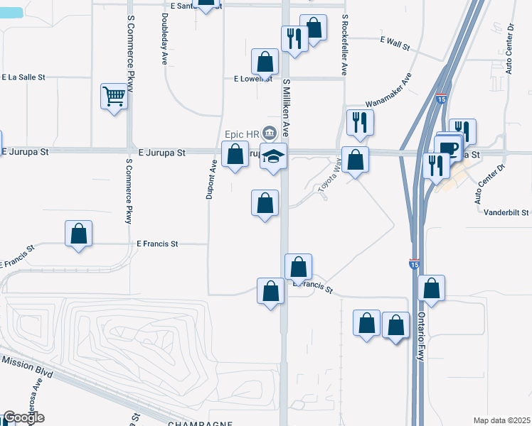 map of restaurants, bars, coffee shops, grocery stores, and more near 1500 South Milliken Avenue in Ontario