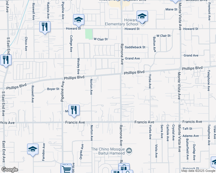 map of restaurants, bars, coffee shops, grocery stores, and more near 11425 San Felipe Avenue in Chino