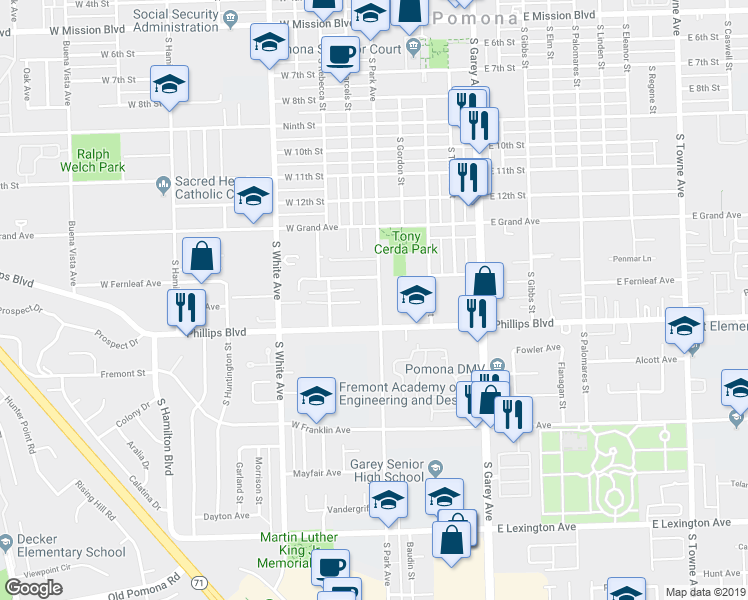 map of restaurants, bars, coffee shops, grocery stores, and more near 1415 South Park Avenue in Pomona