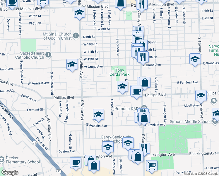 map of restaurants, bars, coffee shops, grocery stores, and more near 1415 South Park Avenue in Pomona