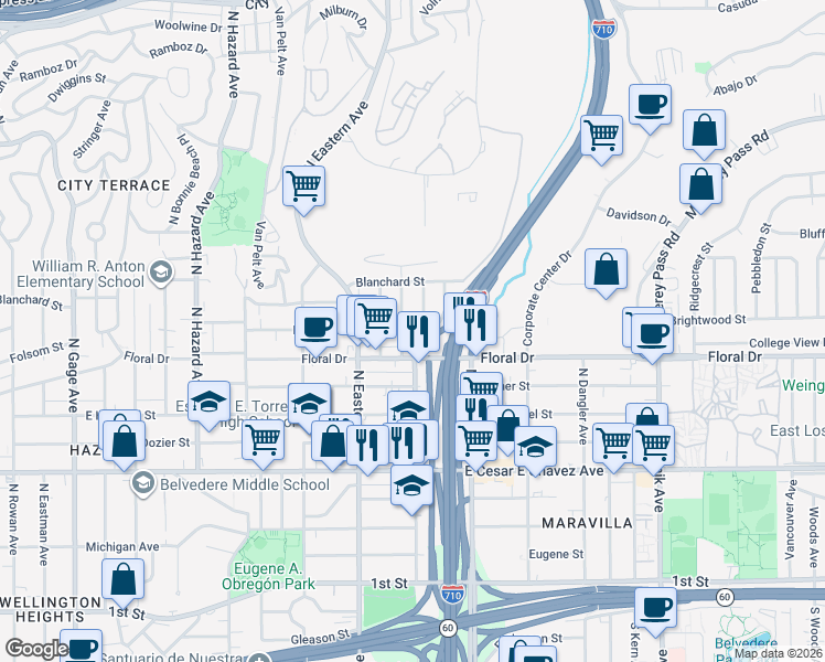 map of restaurants, bars, coffee shops, grocery stores, and more near 4370 Folsom Street in East Los Angeles