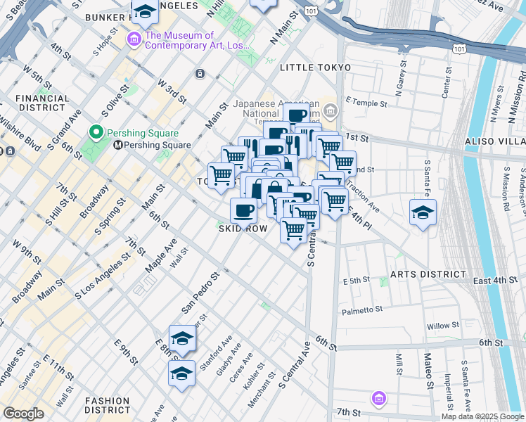 map of restaurants, bars, coffee shops, grocery stores, and more near 332 Omar Street in Los Angeles