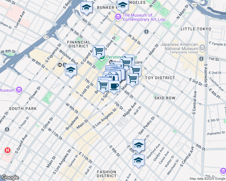 map of restaurants, bars, coffee shops, grocery stores, and more near 634 South Spring Street in Los Angeles
