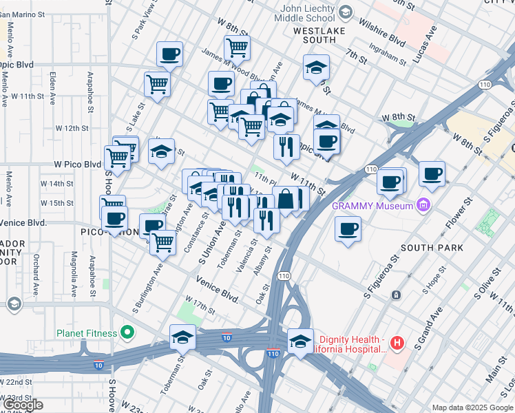 map of restaurants, bars, coffee shops, grocery stores, and more near 1522 West 12th Street in Los Angeles