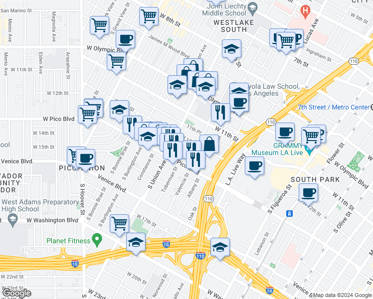 map of restaurants, bars, coffee shops, grocery stores, and more near 1522 West 12th Street in Los Angeles