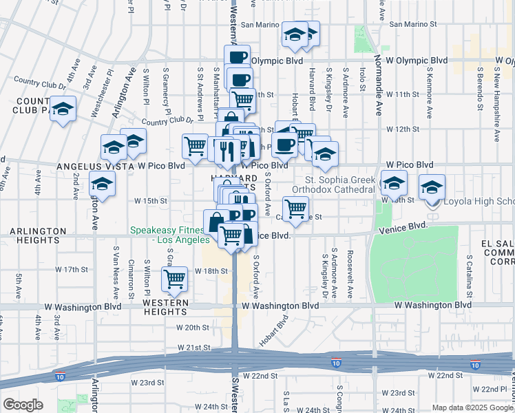 map of restaurants, bars, coffee shops, grocery stores, and more near 2957 West 15th Street in Los Angeles