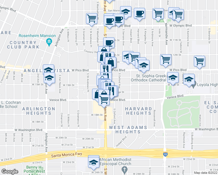 map of restaurants, bars, coffee shops, grocery stores, and more near 2957 West 15th Street in Los Angeles