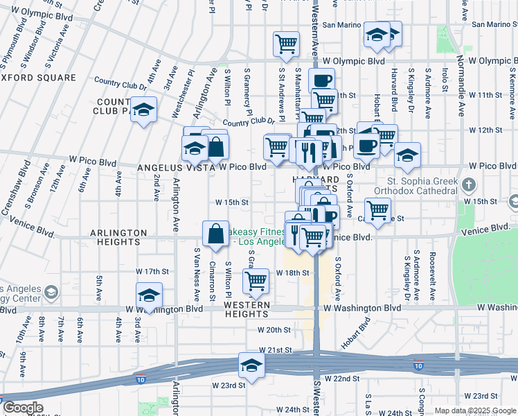 map of restaurants, bars, coffee shops, grocery stores, and more near 1414 South Gramercy Place in Los Angeles