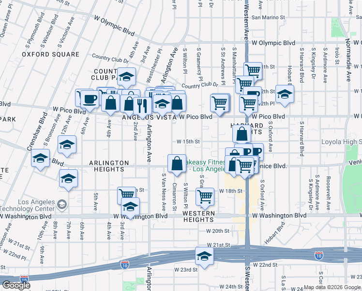 map of restaurants, bars, coffee shops, grocery stores, and more near 3081 West 15th Street in Los Angeles