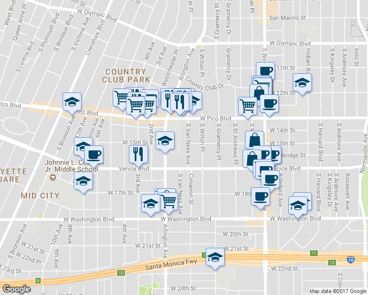 map of restaurants, bars, coffee shops, grocery stores, and more near 3081 West 15th Street in Los Angeles