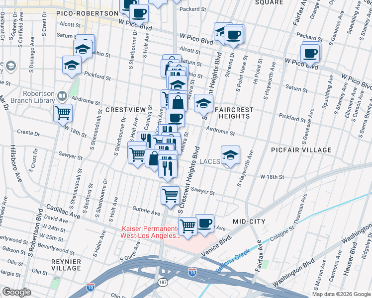 map of restaurants, bars, coffee shops, grocery stores, and more near 1762 Alvira Street in Los Angeles
