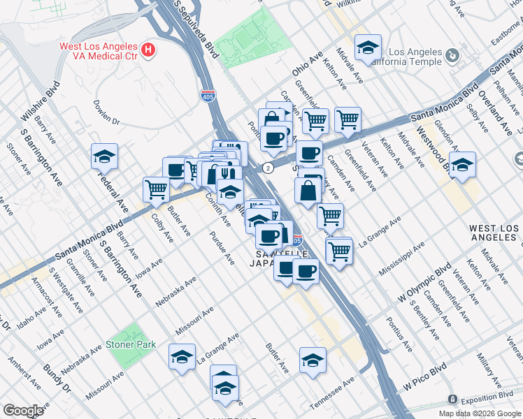map of restaurants, bars, coffee shops, grocery stores, and more near 1733 Beloit Avenue in Los Angeles