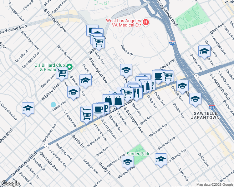 map of restaurants, bars, coffee shops, grocery stores, and more near 1443 Barry Avenue in Los Angeles