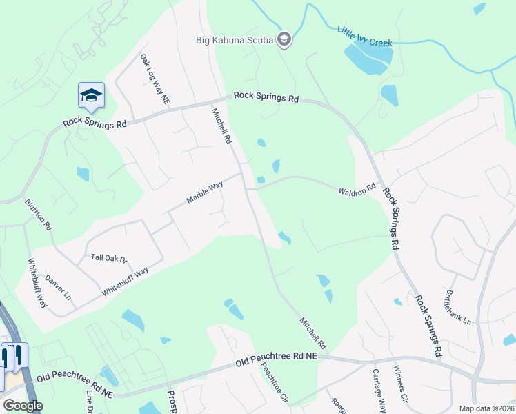 map of restaurants, bars, coffee shops, grocery stores, and more near 2430 Mitchell Road in Lawrenceville