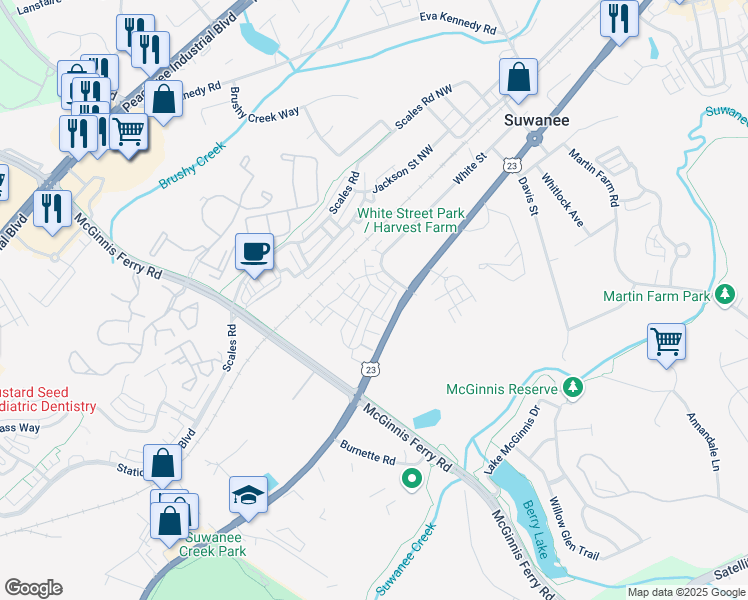 map of restaurants, bars, coffee shops, grocery stores, and more near 1023 Harvest Park Lane in Suwanee