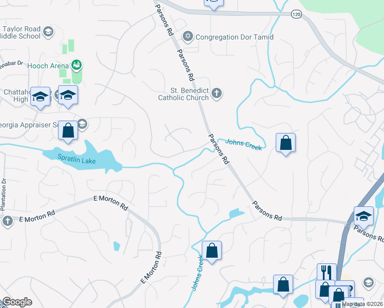 map of restaurants, bars, coffee shops, grocery stores, and more near 5575 Hampstead Way in Duluth