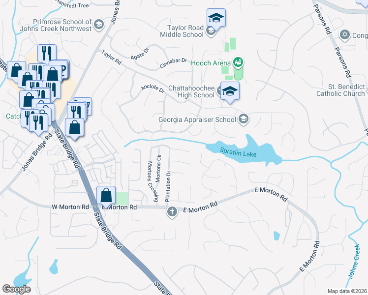 map of restaurants, bars, coffee shops, grocery stores, and more near 4920 Streamside Drive in Alpharetta