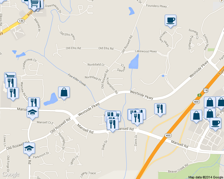 map of restaurants, bars, coffee shops, grocery stores, and more near 1320 North Hampton Road in Alpharetta