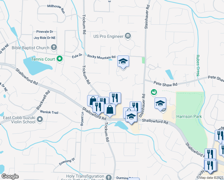 map of restaurants, bars, coffee shops, grocery stores, and more near 2290 Wickingham Drive Northeast in Marietta
