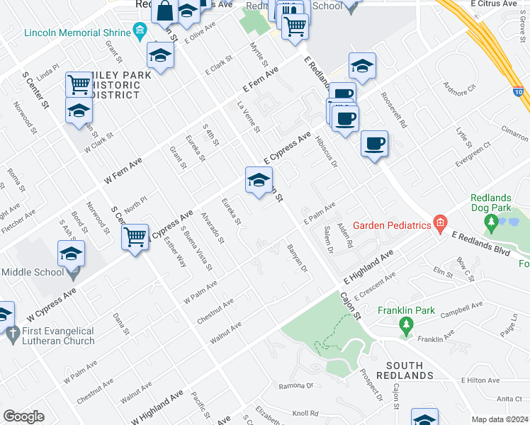 map of restaurants, bars, coffee shops, grocery stores, and more near 11 Clifton Court in Redlands