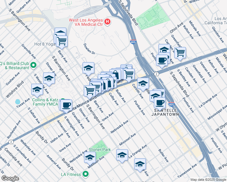 map of restaurants, bars, coffee shops, grocery stores, and more near 11500 Santa Monica Boulevard in Los Angeles