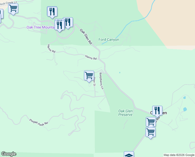 map of restaurants, bars, coffee shops, grocery stores, and more near 11550 Raspberry Lane in Oak Glen